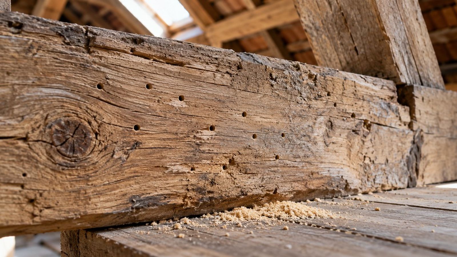 Poutre de charpente ancienne présentant de petits trous, avec un dépôt de sciure sur le bois situé en dessous.