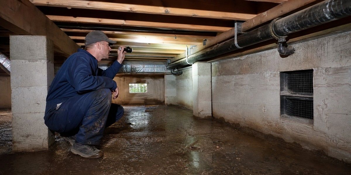 Technicien inspectant les canalisations et la ventilation d'un vide sanitaire humide