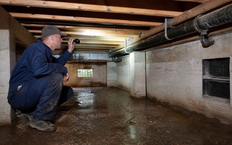 Technicien inspectant les canalisations et la ventilation d'un vide sanitaire humide