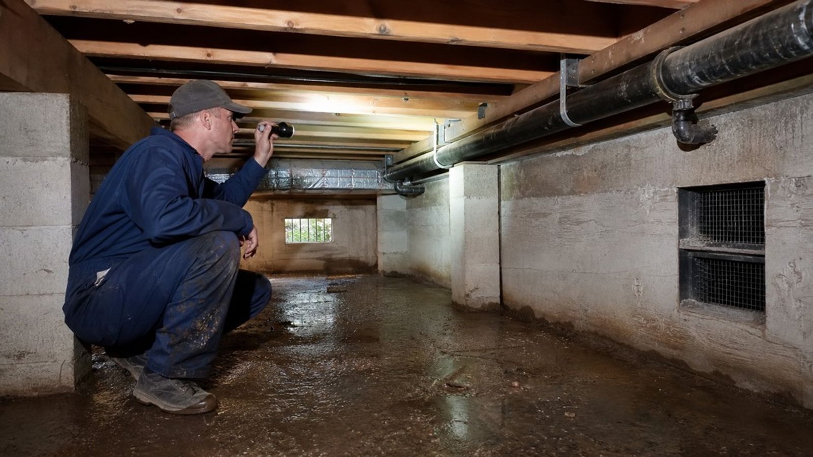 Technicien inspectant les canalisations et la ventilation d'un vide sanitaire humide