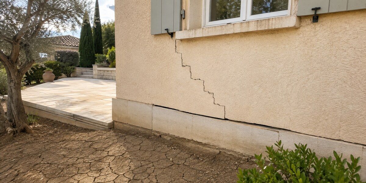 Fissure en escalier entre une fenêtre et les fondations d’une villa méditerranéenne à Mougins, avec sol desséché au pied de la façade