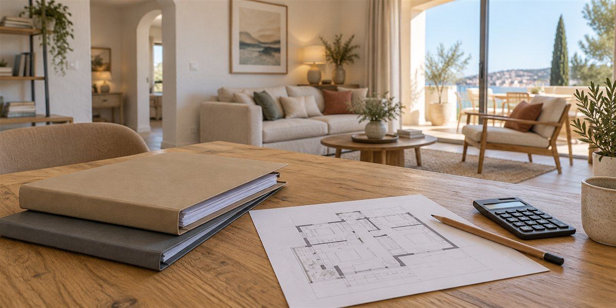 Deux dossiers, un plan d’appartement, un crayon et une calculatrice sur une table devant un séjour lumineux.