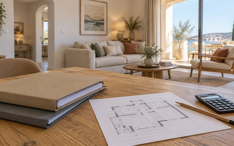 Deux dossiers, un plan d’appartement, un crayon et une calculatrice sur une table devant un séjour lumineux.