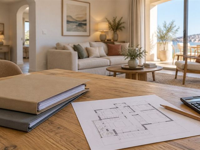 Deux dossiers, un plan d’appartement, un crayon et une calculatrice sur une table devant un séjour lumineux.