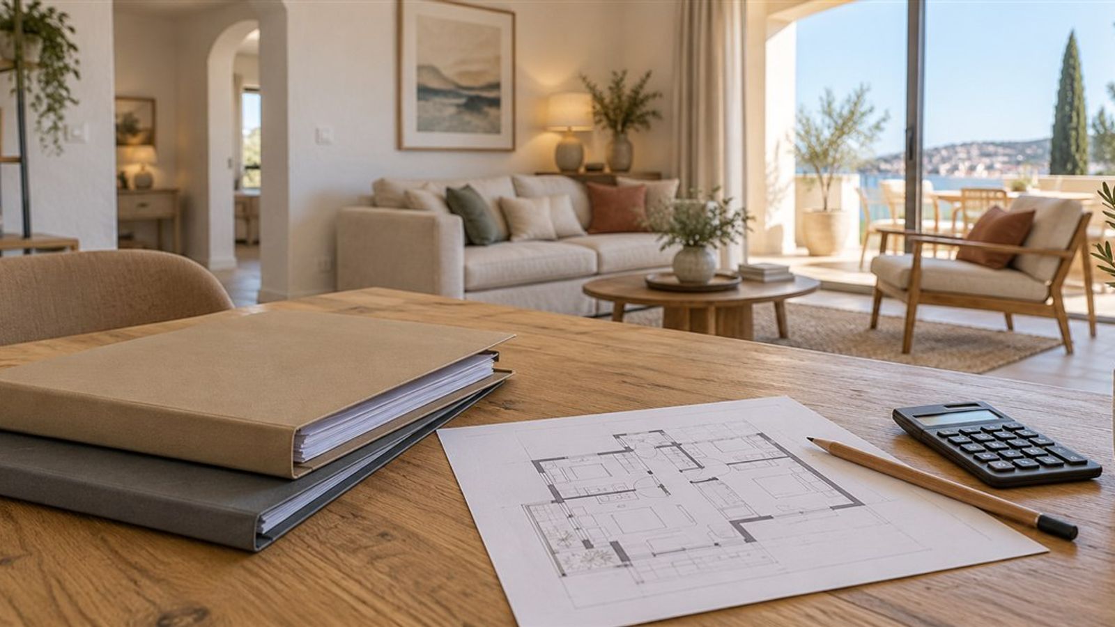 Deux dossiers, un plan d’appartement, un crayon et une calculatrice sur une table devant un séjour lumineux.