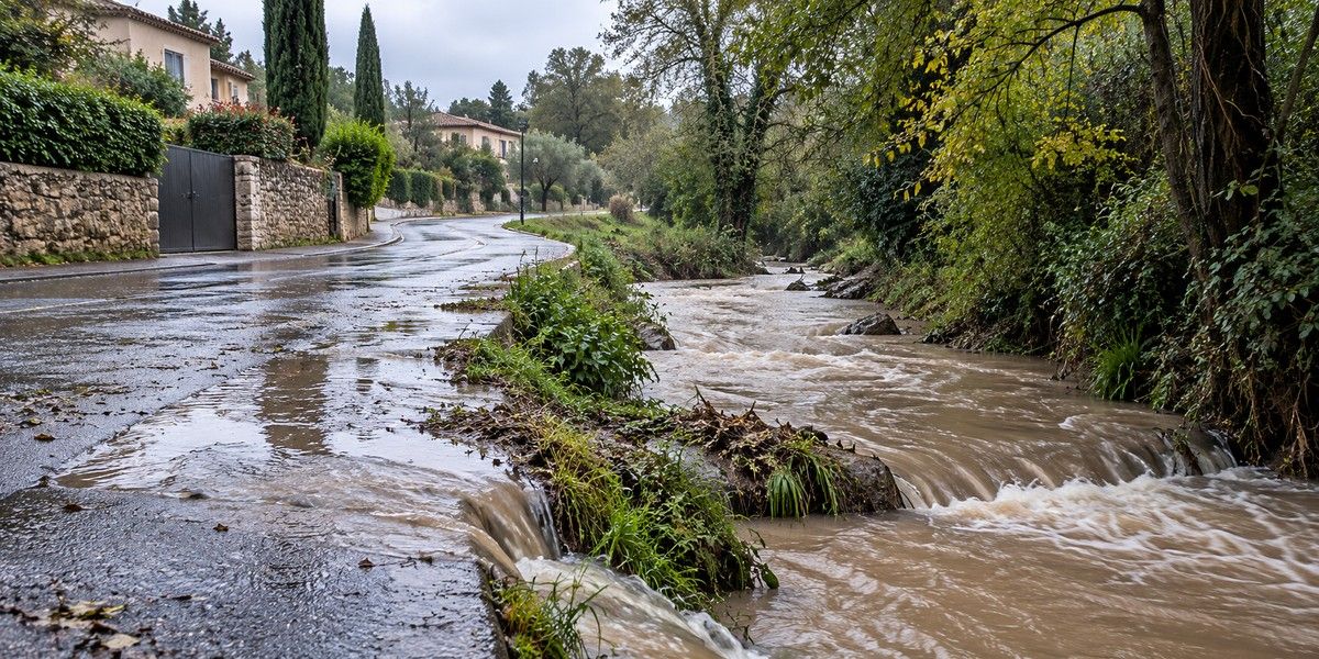 Cours d’eau gonflé longeant une route résidentielle après de fortes pluies, illustration du ruissellement