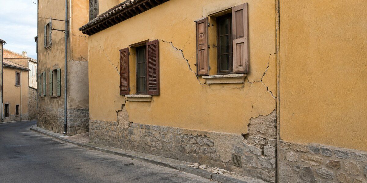 Fissures diagonales sur la façade d’un immeuble ancien après une secousse sismique modérée