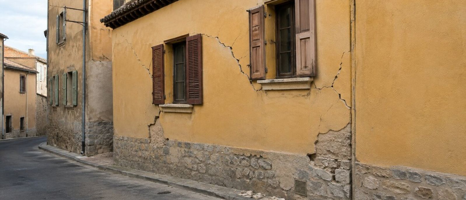Fissures diagonales sur la façade d’un immeuble ancien après une secousse sismique modérée