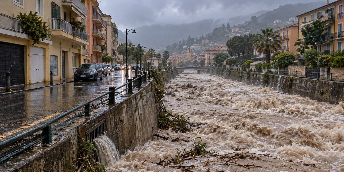 Vallon urbain de Menton en crue après de fortes pluies, bordé d’immeubles et de rues mouillées