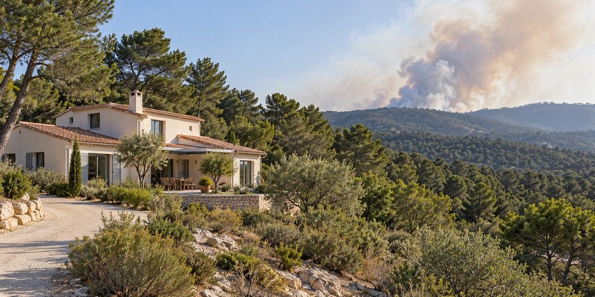 Villa en lisière de forêt méditerranéenne avec un panache de fumée éloigné, illustration du risque de feu de forêt