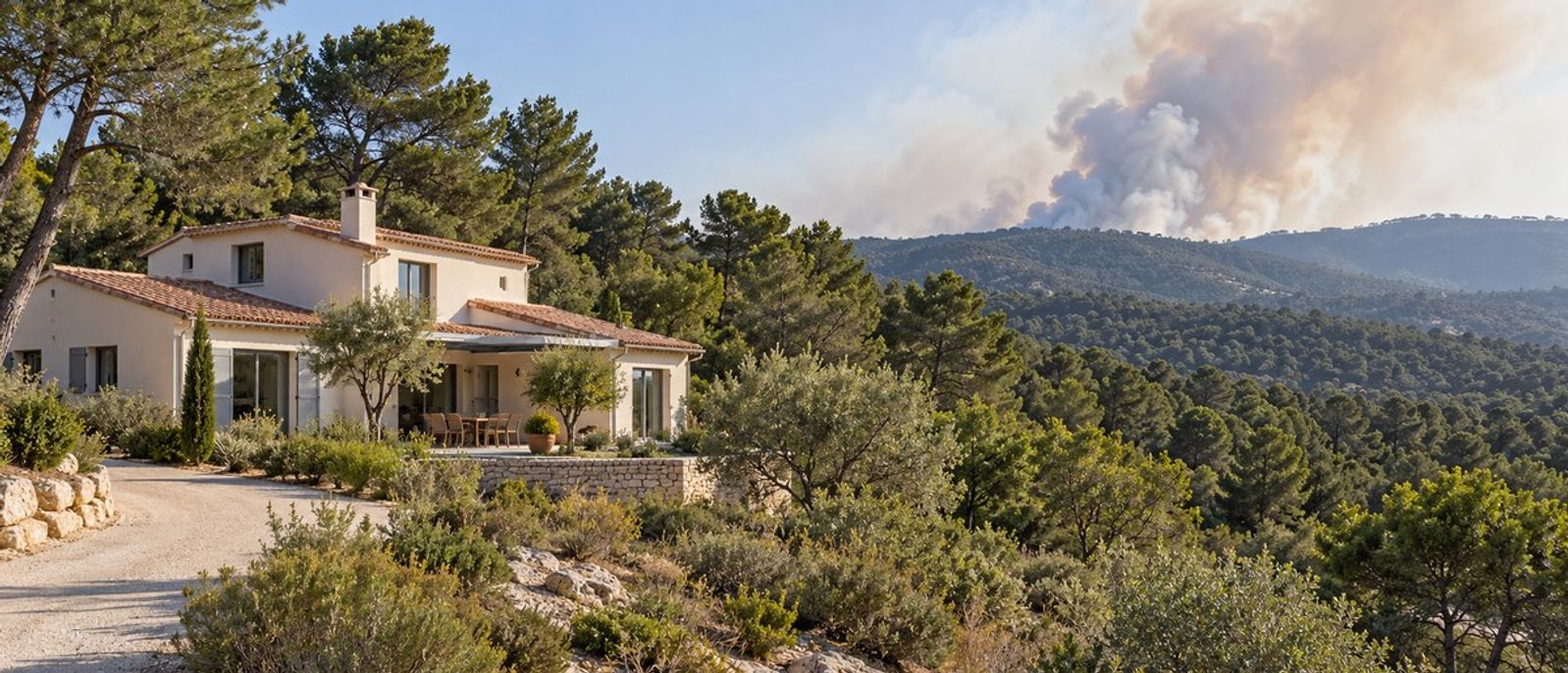 Villa en lisière de forêt méditerranéenne avec un panache de fumée éloigné, illustration du risque de feu de forêt