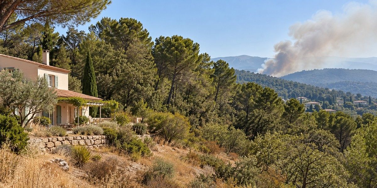 Maison en lisière d’un massif méditerranéen avec un panache de fumée au loin, illustration du risque de feu de forêt