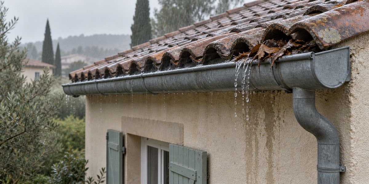 Gouttière métallique encombrée de feuilles, avec de l’eau débordant devant une façade sous une toiture en tuiles.