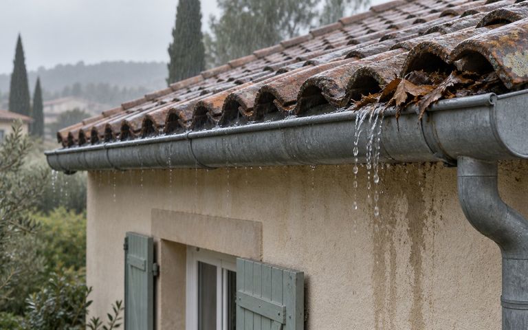Gouttière métallique encombrée de feuilles, avec de l’eau débordant devant une façade sous une toiture en tuiles.