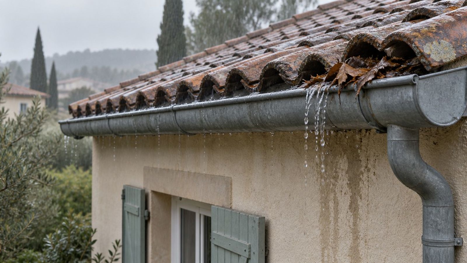 Gouttière métallique encombrée de feuilles, avec de l’eau débordant devant une façade sous une toiture en tuiles.