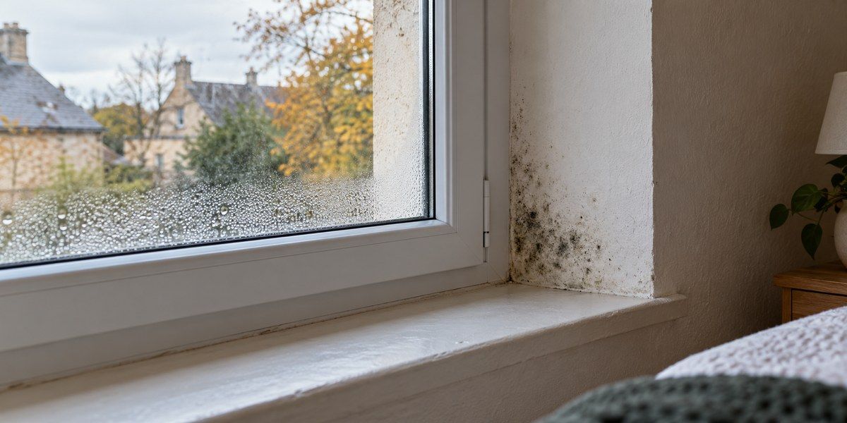 Gouttelettes sur une fenêtre blanche et taches sombres sur le mur adjacent dans une chambre.