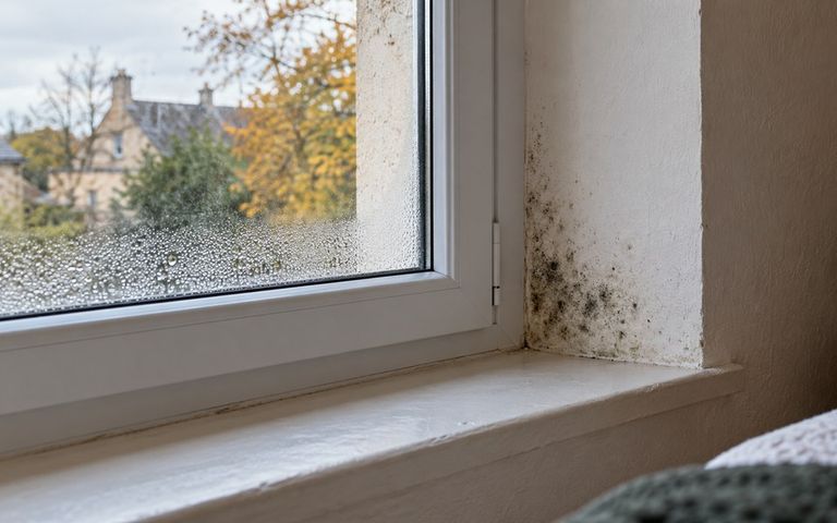 Gouttelettes sur une fenêtre blanche et taches sombres sur le mur adjacent dans une chambre.