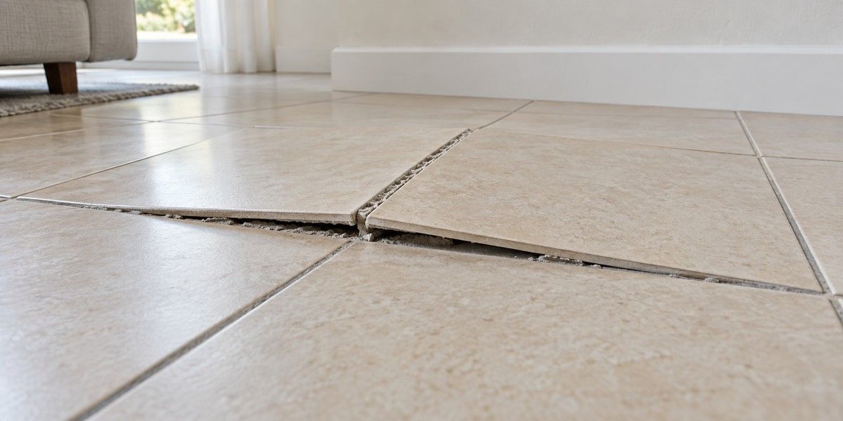 Carreaux beiges soulevés avec des joints ouverts sur le sol d’un séjour lumineux.