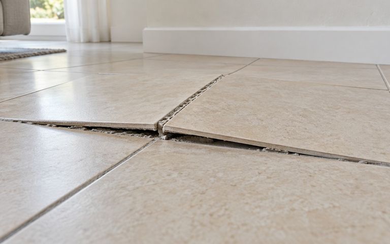 Carreaux beiges soulevés avec des joints ouverts sur le sol d’un séjour lumineux.