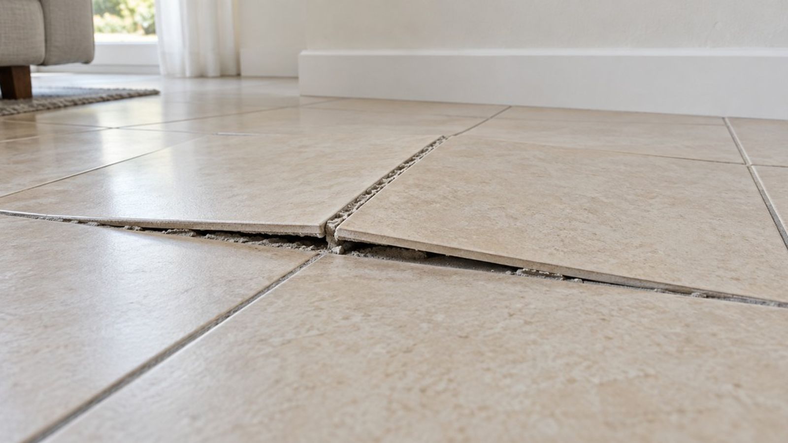 Carreaux beiges soulevés avec des joints ouverts sur le sol d’un séjour lumineux.