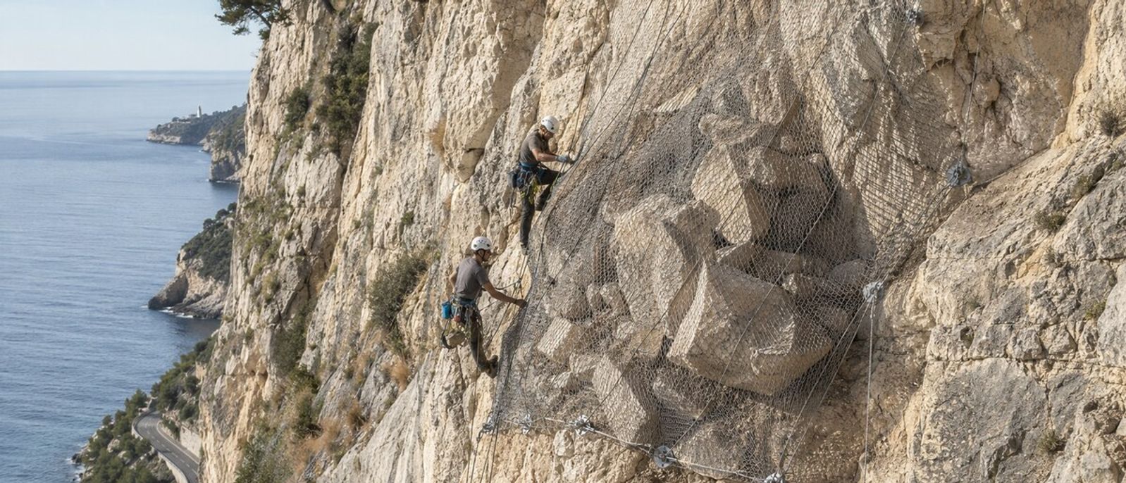 Deux cordistes sécurisant des blocs rocheux derrière un filet métallique sur une falaise méditerranéenne évoquant le Cap de Nice