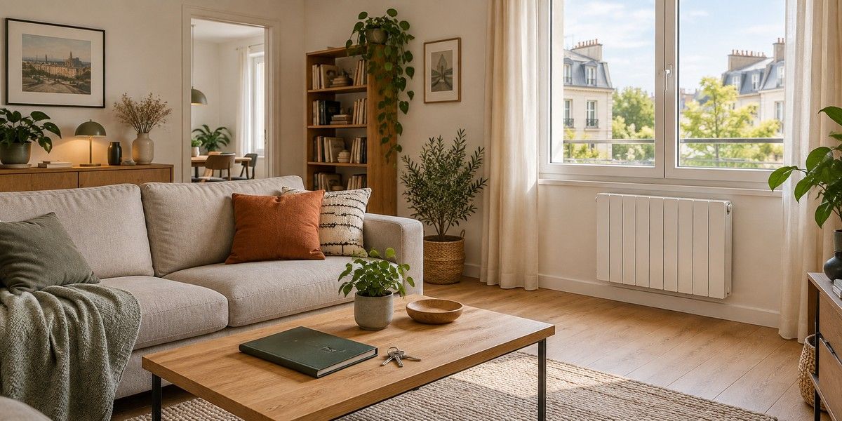 Salon lumineux avec un radiateur blanc sous la fenêtre, un canapé et une table basse portant un dossier fermé et des clés.