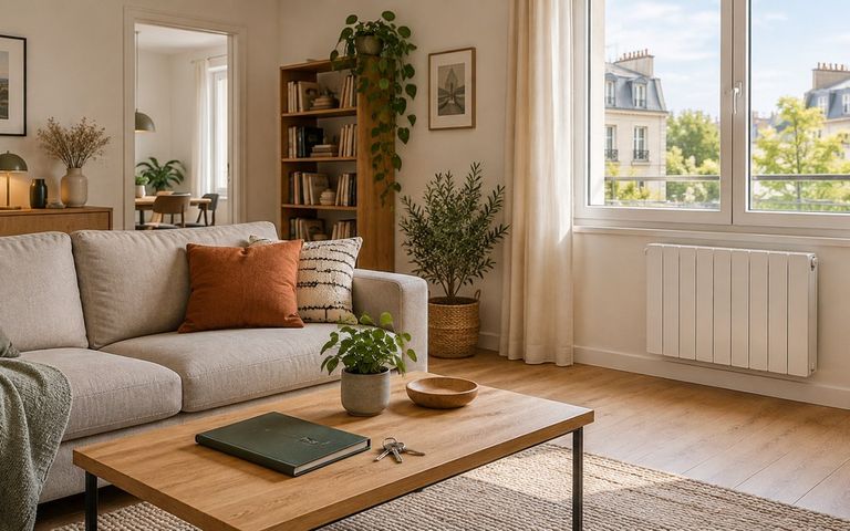 Salon lumineux avec un radiateur blanc sous la fenêtre, un canapé et une table basse portant un dossier fermé et des clés.
