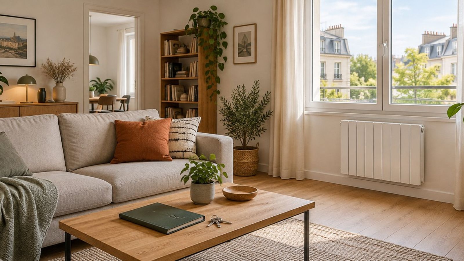 Salon lumineux avec un radiateur blanc sous la fenêtre, un canapé et une table basse portant un dossier fermé et des clés.
