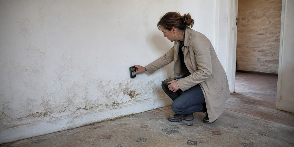 Experte mesurant l'humidité au pied d'un mur ancien dégradé