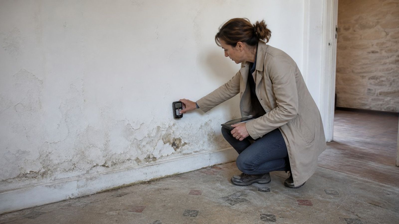 Experte mesurant l'humidité au pied d'un mur ancien dégradé