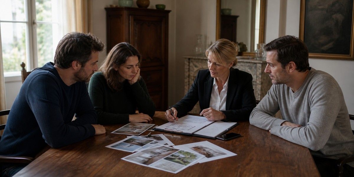 Héritiers accompagnés par une experte pour estimer une maison familiale