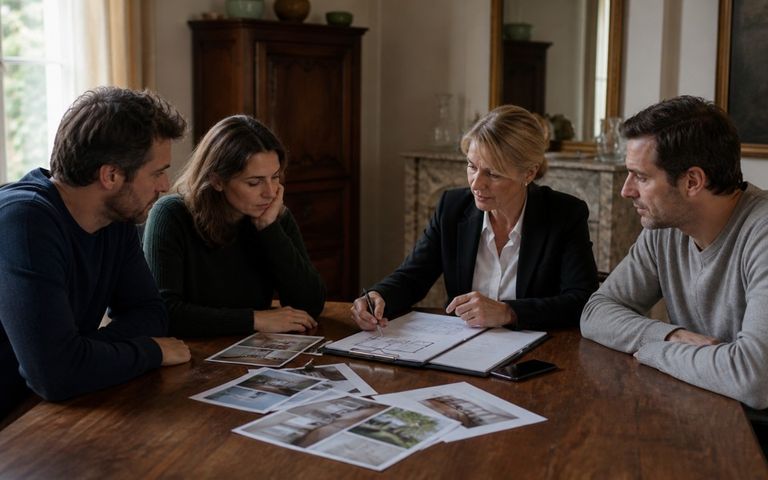 Héritiers accompagnés par une experte pour estimer une maison familiale