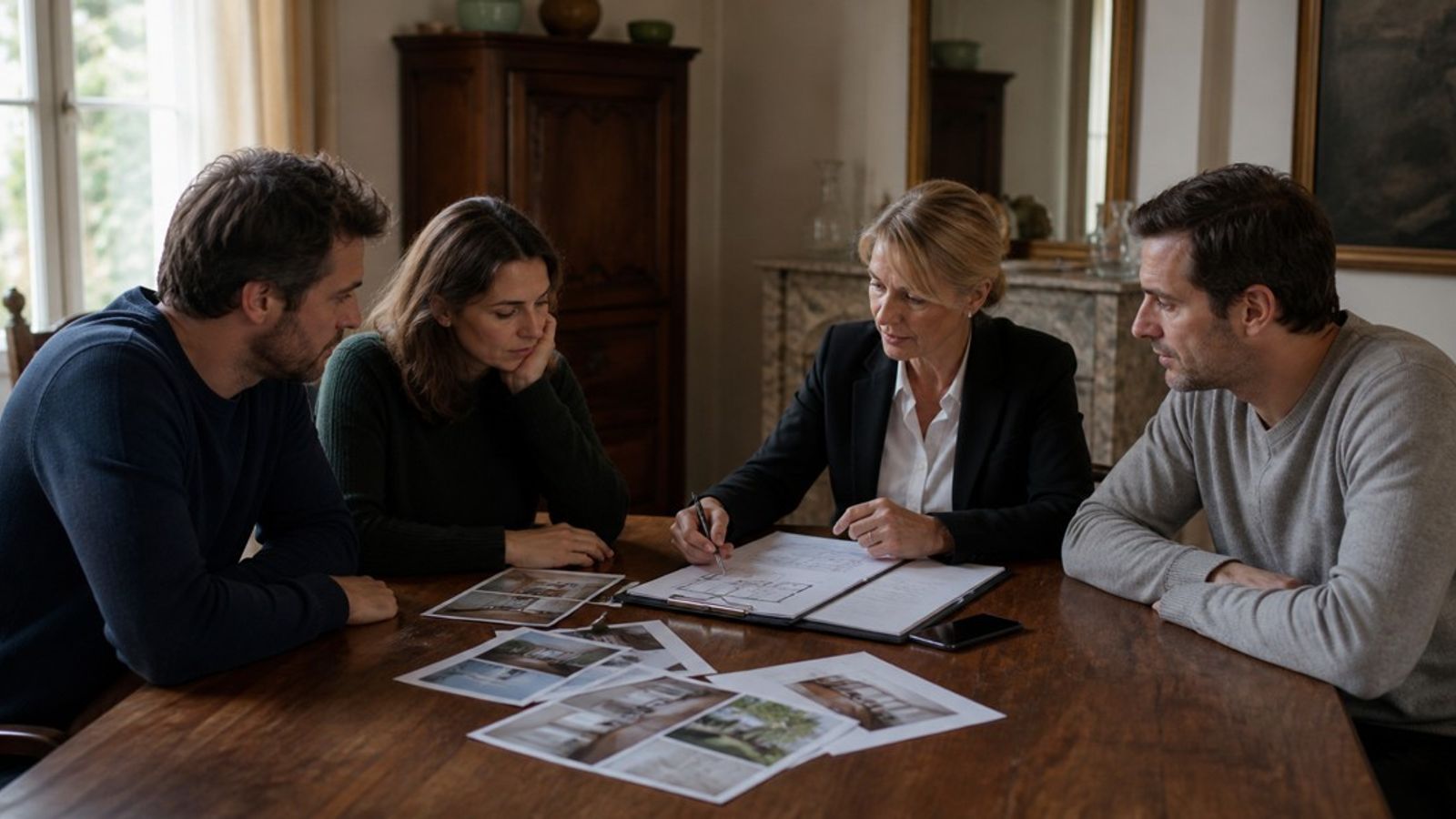 Héritiers accompagnés par une experte pour estimer une maison familiale