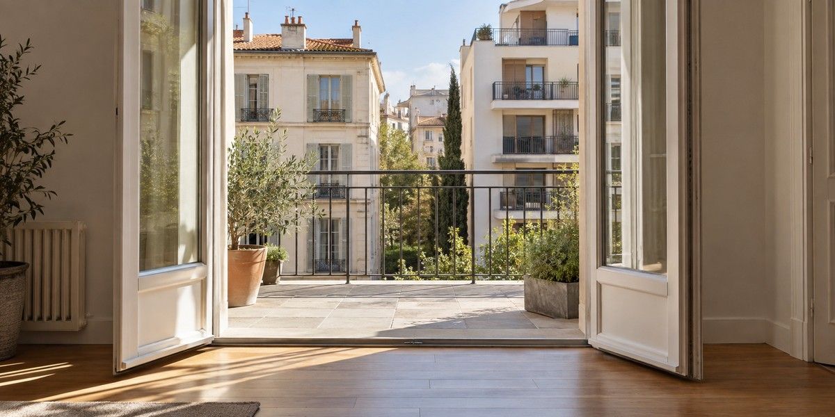 Portes-fenêtres ouvertes sur une terrasse avec vue sur des immeubles résidentiels de styles différents.