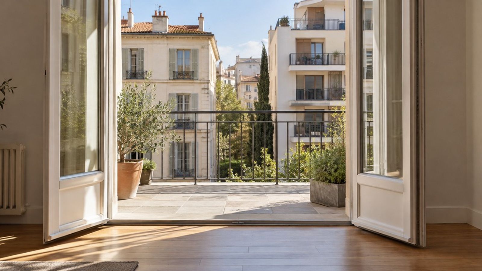 Portes-fenêtres ouvertes sur une terrasse avec vue sur des immeubles résidentiels de styles différents.