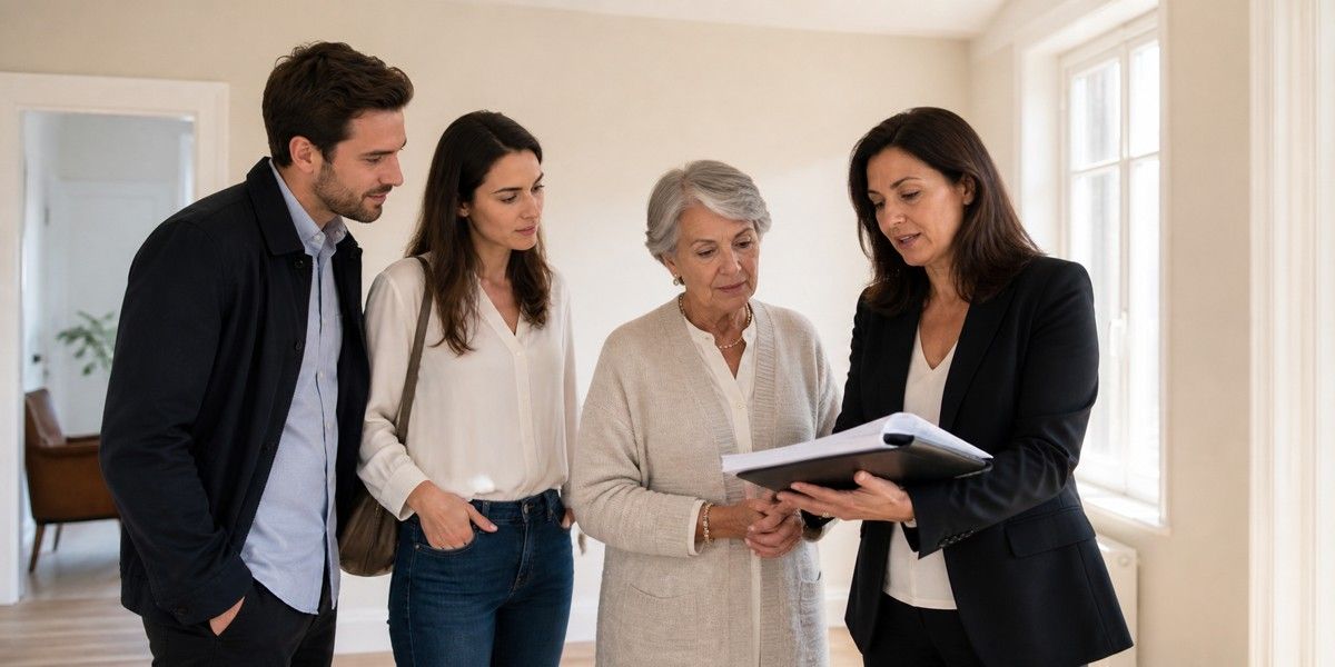 Donatrice et ses enfants visitant une maison avec une experte immobilière
