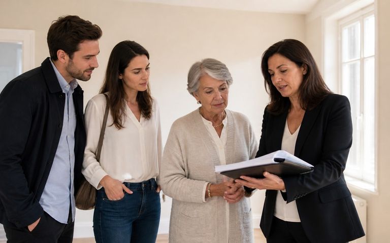 Donatrice et ses enfants visitant une maison avec une experte immobilière