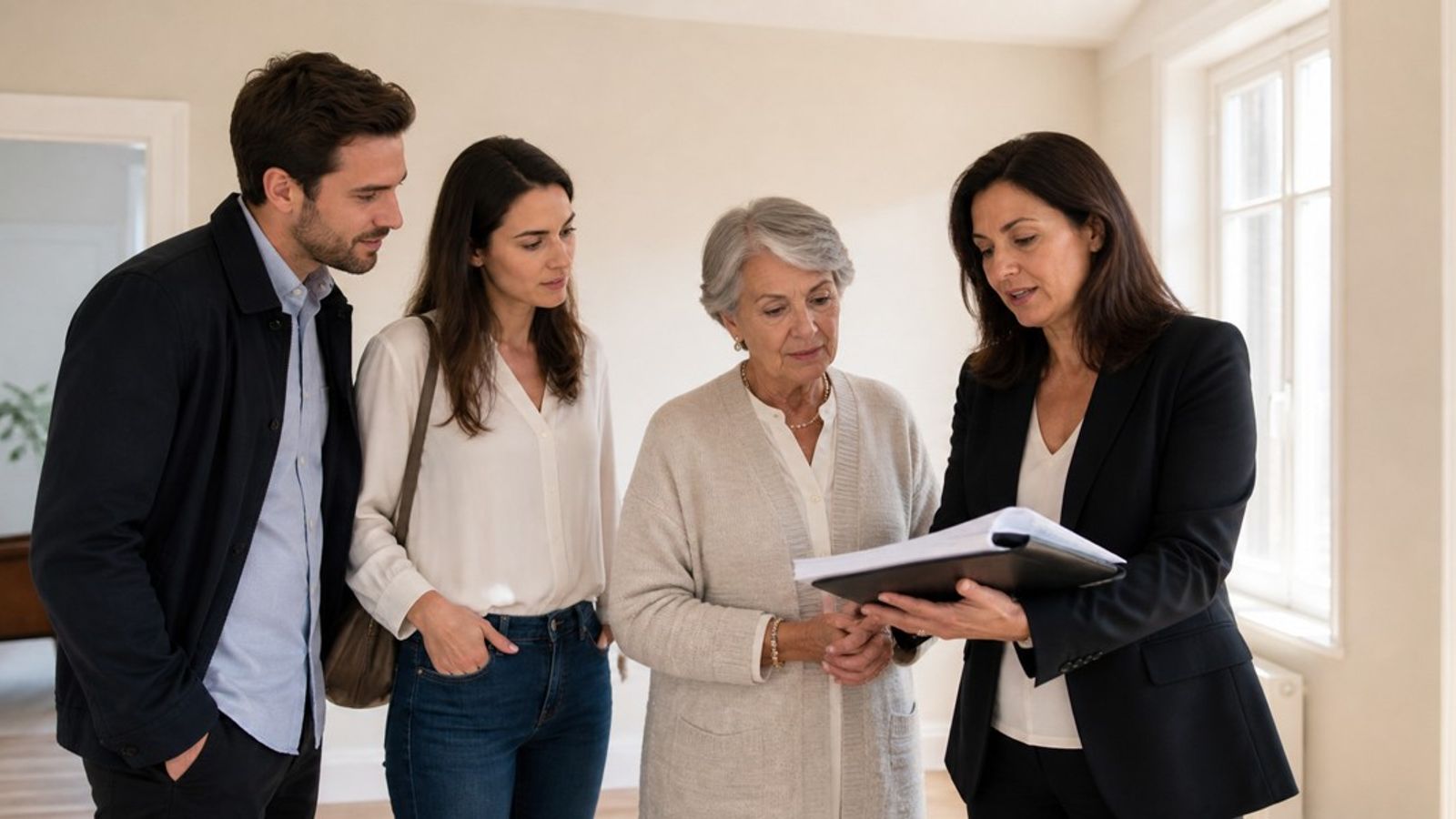 Donatrice et ses enfants visitant une maison avec une experte immobilière