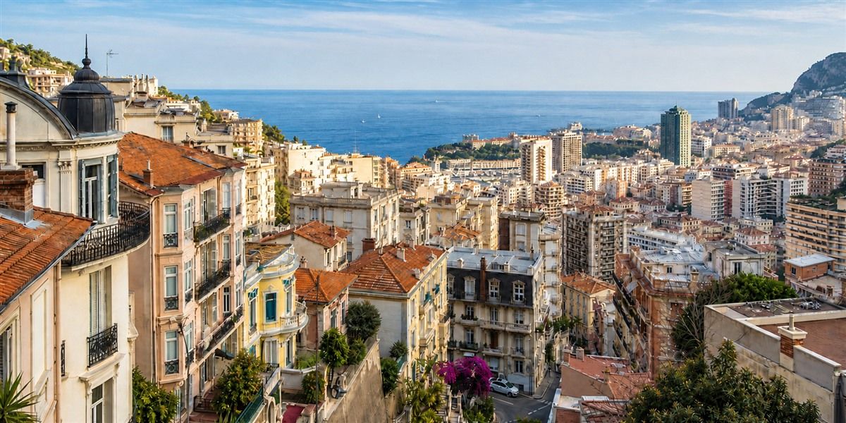 Vue de Beausoleil avec ses immeubles du début du XXe siècle, ses rues en pente et Monaco en contrebas face à la Méditerranée