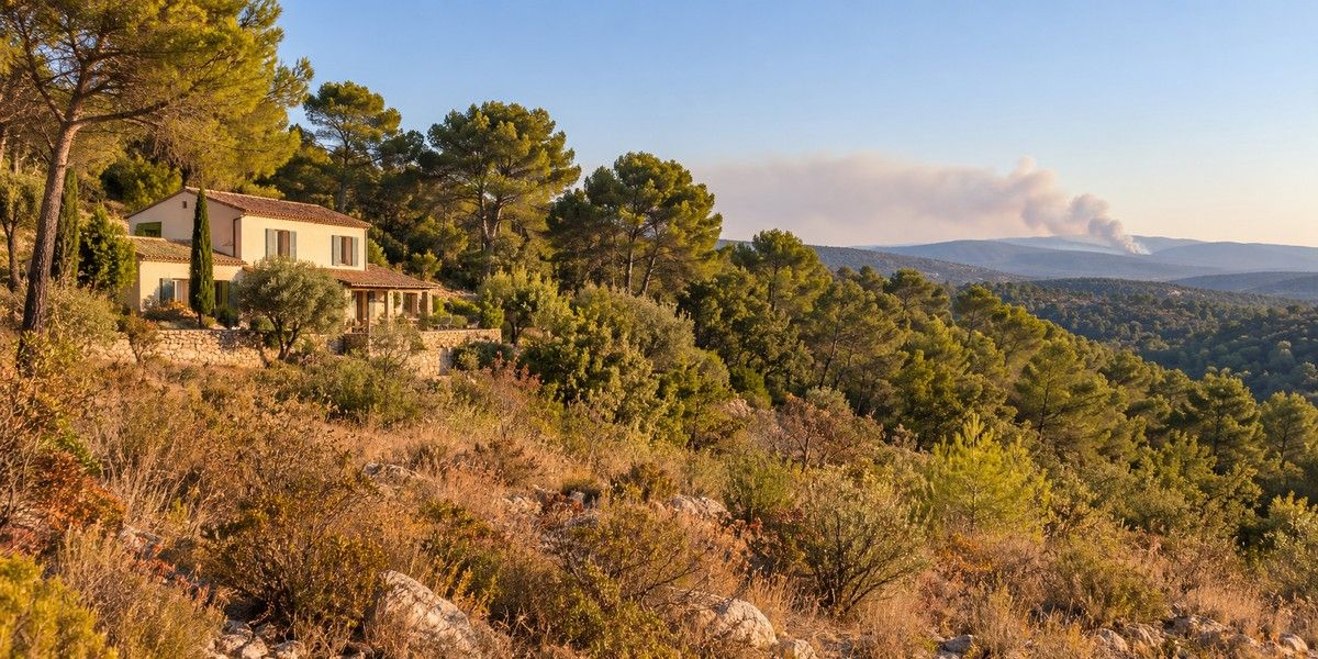 Maison en lisière de forêt méditerranéenne avec un panache de fumée éloigné, illustration du risque de feu de forêt