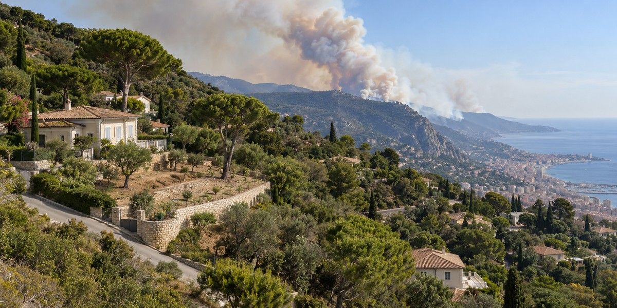 Villas sur les hauteurs boisées de Menton avec zone débroussaillée et fumée d’incendie au loin