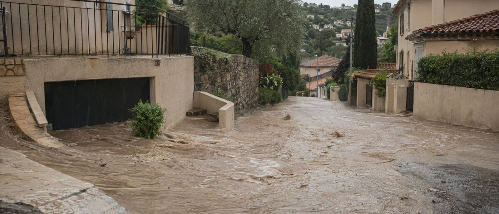 Ruissellement intense et eaux boueuses envahissant une rue en pente dans un environnement résidentiel méditerranéen évoquant Grasse