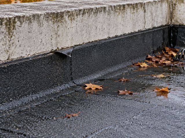 Relevé d’étanchéité partiellement décollé sur une toiture-terrasse humide, près d’une évacuation et de feuilles.