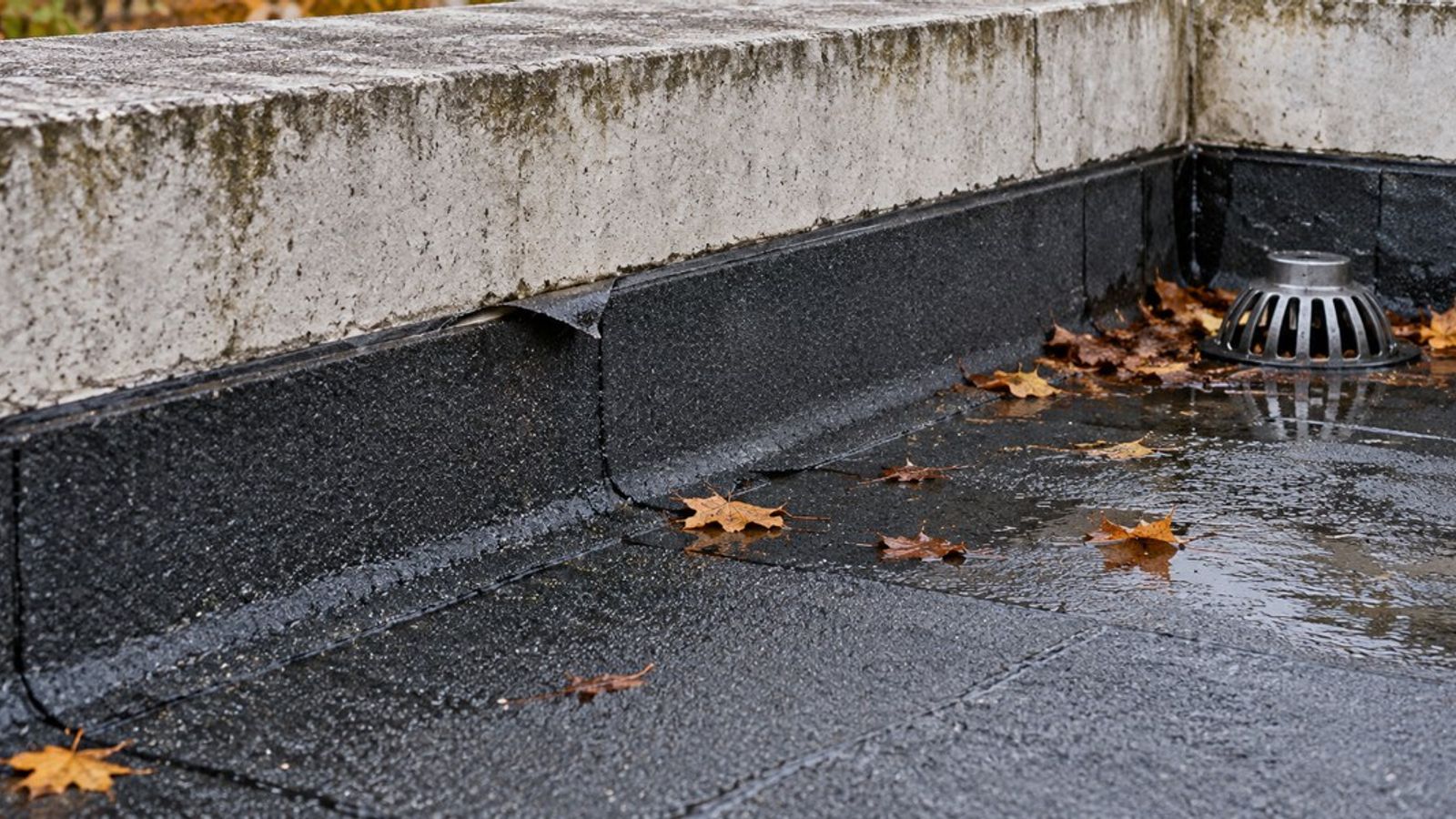 Relevé d’étanchéité partiellement décollé sur une toiture-terrasse humide, près d’une évacuation et de feuilles.