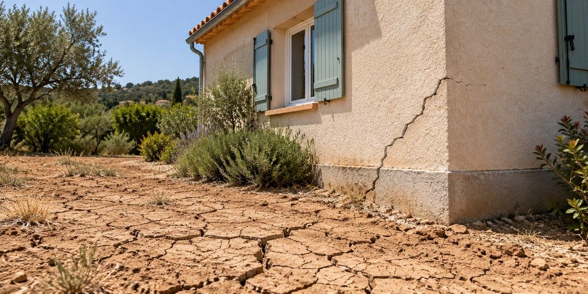 Sol argileux desséché et fissuré au pied d’une maison présentant une fissure diagonale, illustration du retrait-gonflement