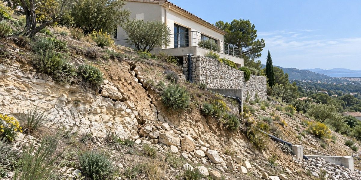 Maison sur un versant rocheux avec talus fissuré, soutènement et drainage, illustration des mouvements de terrain
