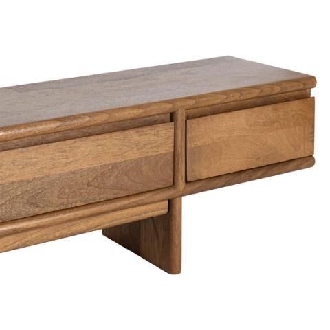 Mueble de TV de mango con cuatro cajones, detalle del acabado