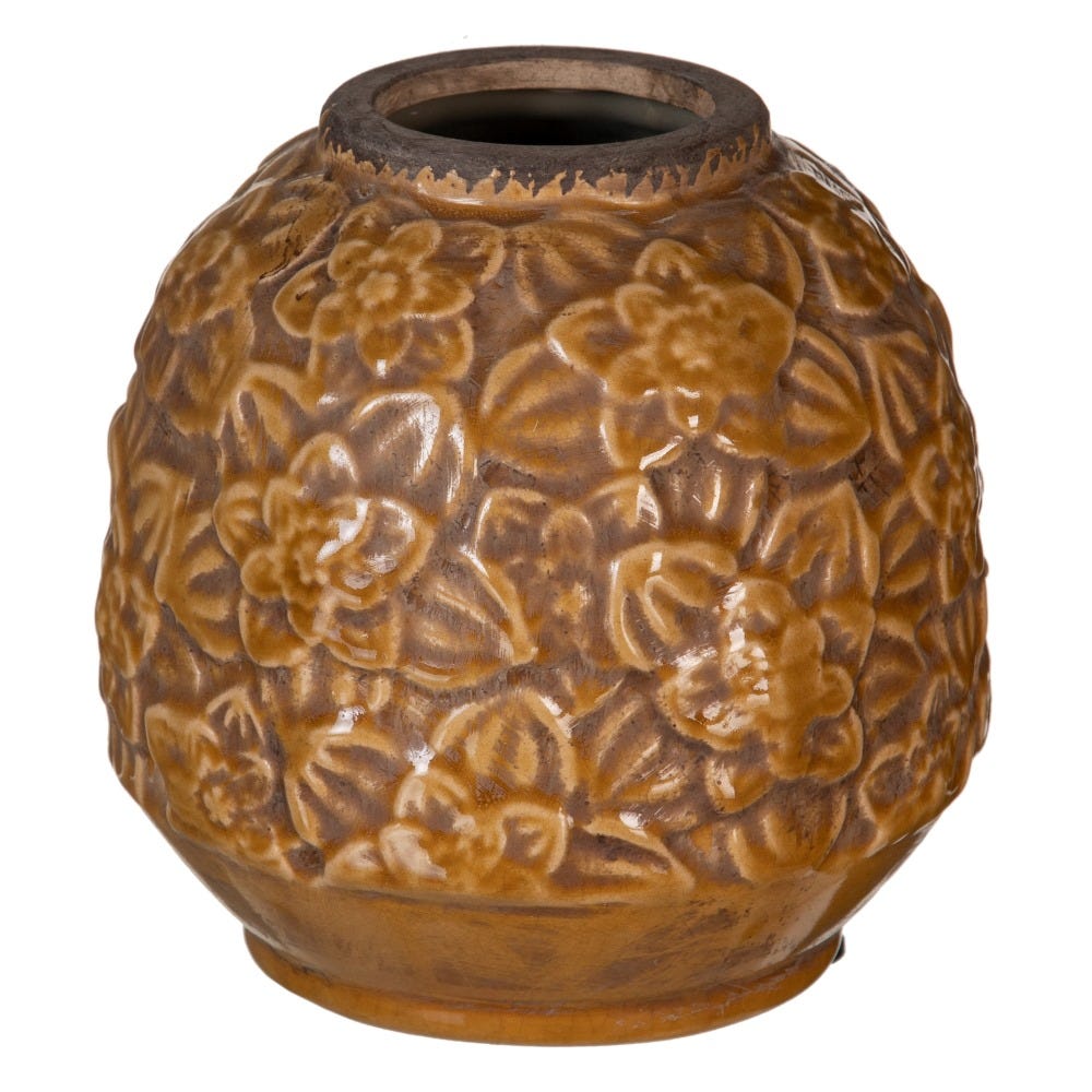 Jarrón marrón de relieve floral