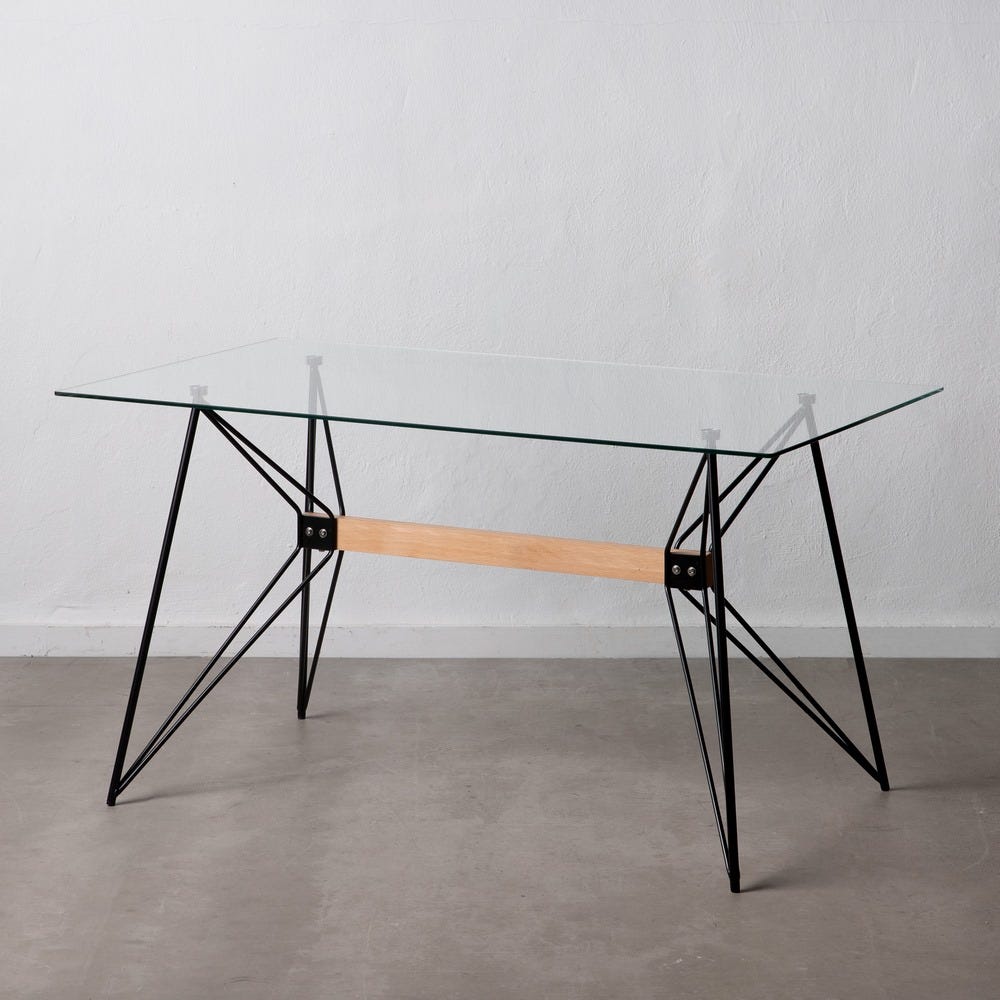 Mesa de comedor de cristal con varillas cruzadas