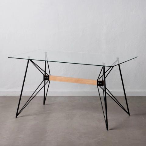 Mesa de comedor de cristal con varillas cruzadas